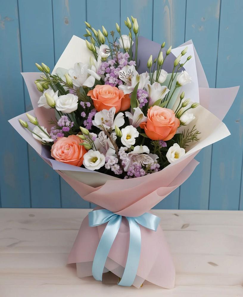 Букет цветов из: Лизиантусы, Розы, Альстромерии и Гипсофила в Кологриве