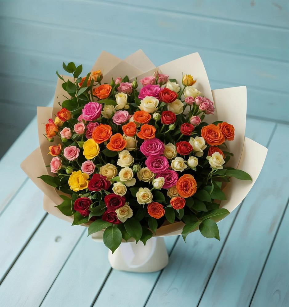 Букет Микс из разноцветных кустовых роз в Кологриве